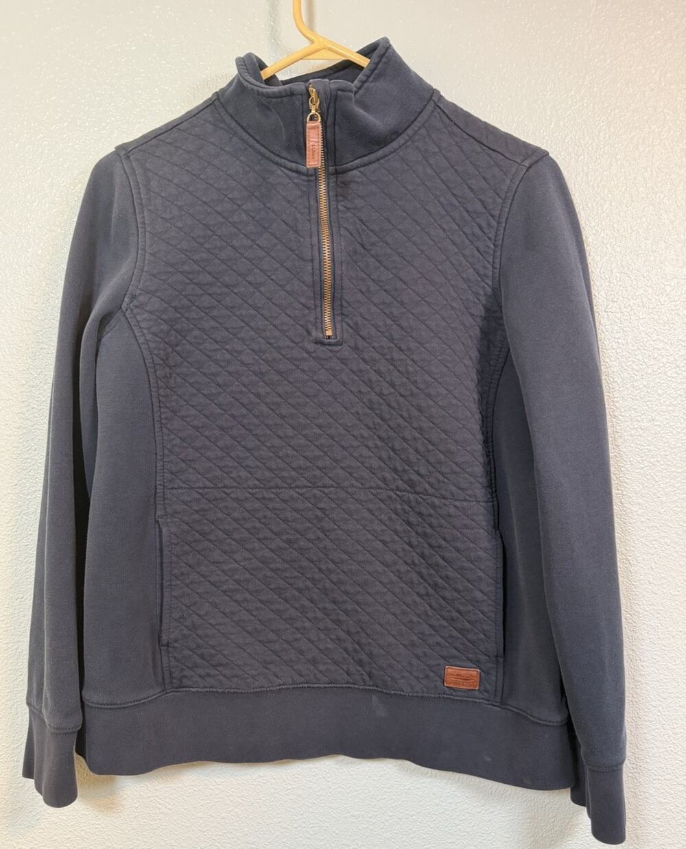 L.L.Bean Women’s Small Navy Blue Quilted Quarter Zip Pullover Leather Trim